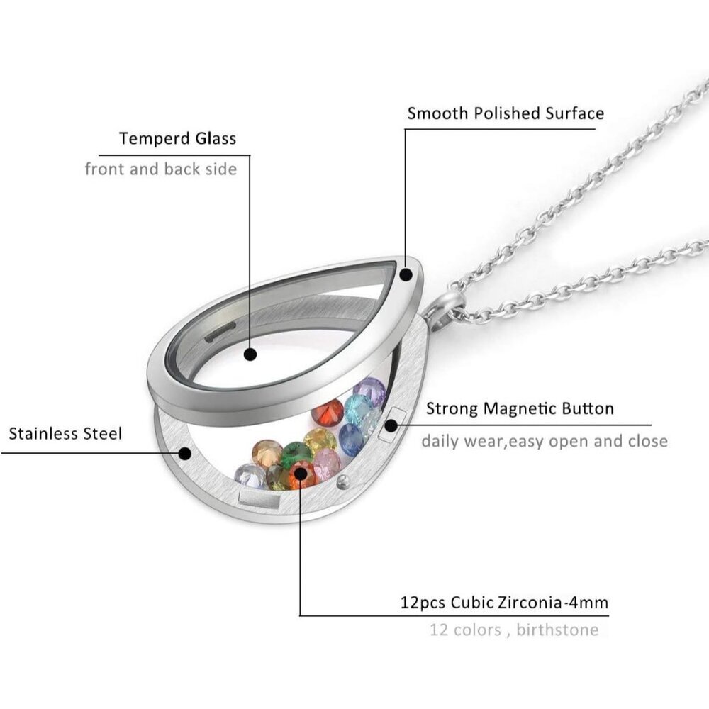 Unisex Silver Floating Charm Heart Locket Necklace 24" Stainless Steel - Picture 3 of 7